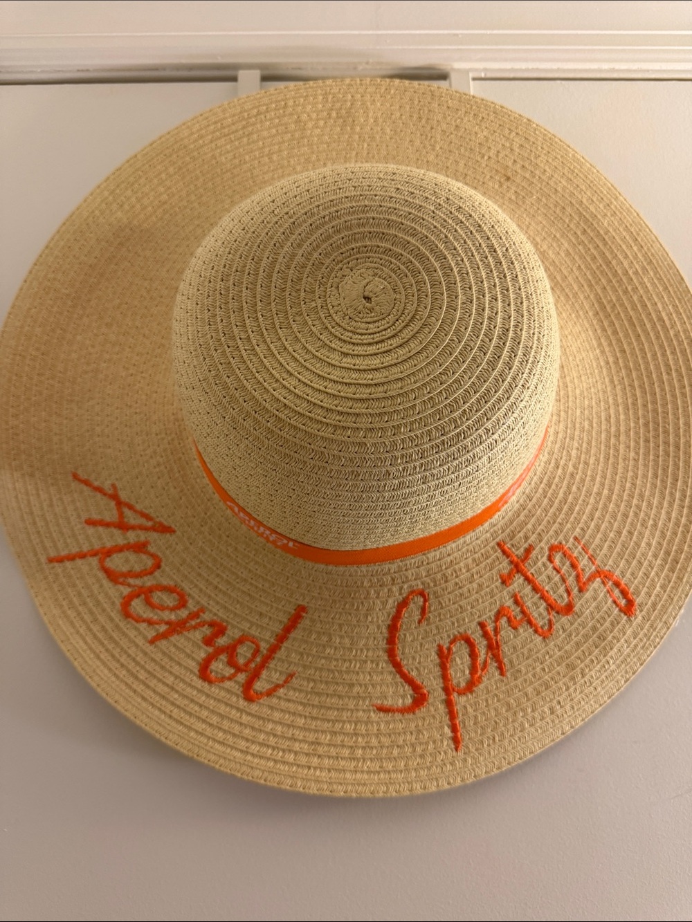 Wide-Brim Straw Sun Hat with Orange Trim and Script